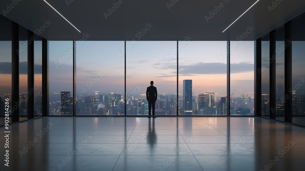 Successful Businessman in Modern High-Rise Office with Panoramic City Views Successful Businessman in Modern High-Rise Office with Panoramic City Views