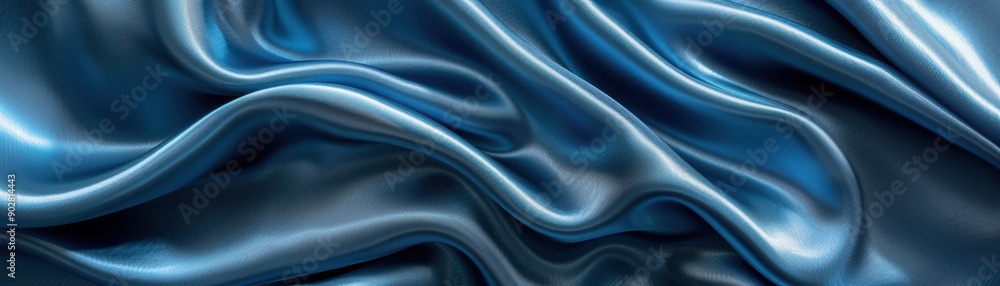 Obraz premium A blue fabric with a wave pattern. The fabric is smooth and shiny. The blue color gives a sense of calmness and serenity