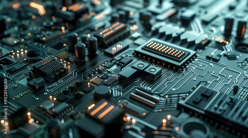 A close-up view showcases a complex circuit board with intricate designs, highlighting various electronic components and connections A close-up view showcases a complex circuit board with intricate designs, highlighting various electronic components and connections
