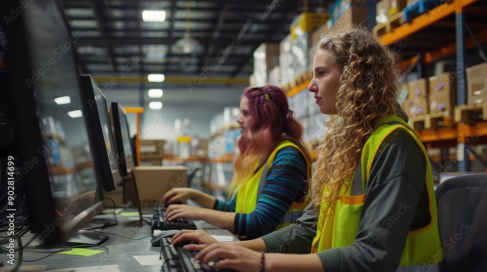 The warehouse workers on computers. The warehouse workers on computers.