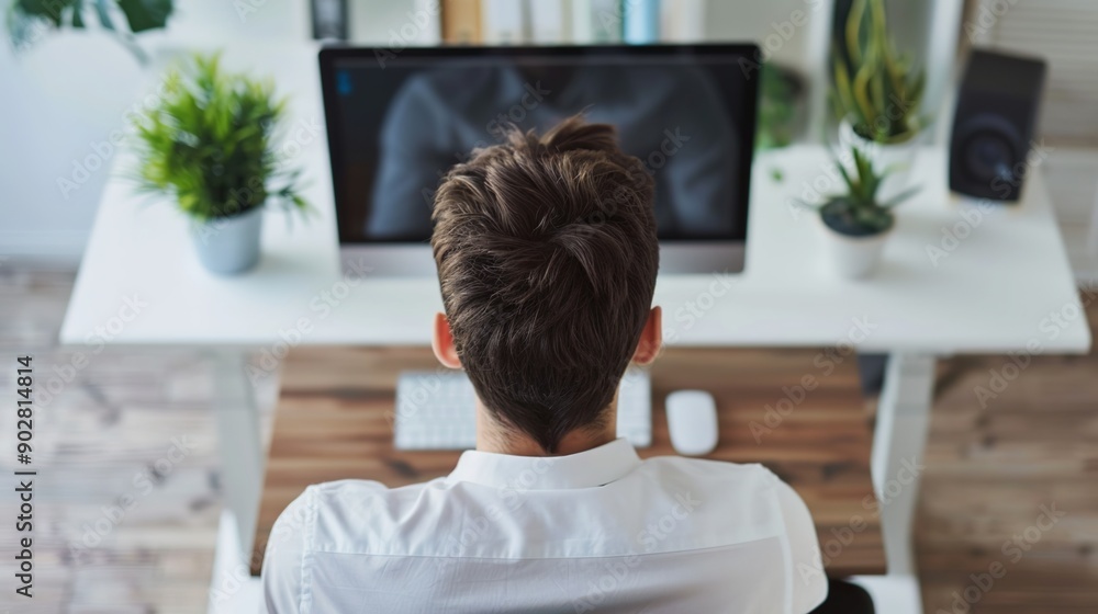 Modern Businessman Working Efficiently at Desk with Dual Monitors and Ergonomic Setup Modern Businessman Working Efficiently at Desk with Dual Monitors and Ergonomic Setup