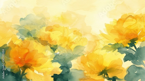 Wallpaper Mural Beautiful watercolor painting of vibrant yellow flowers with green leaves, creating a serene and artistic atmosphere. Torontodigital.ca