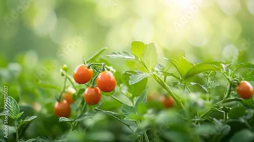 Red tomatoes on a summer day, green leaves of plants in sunlight close-up