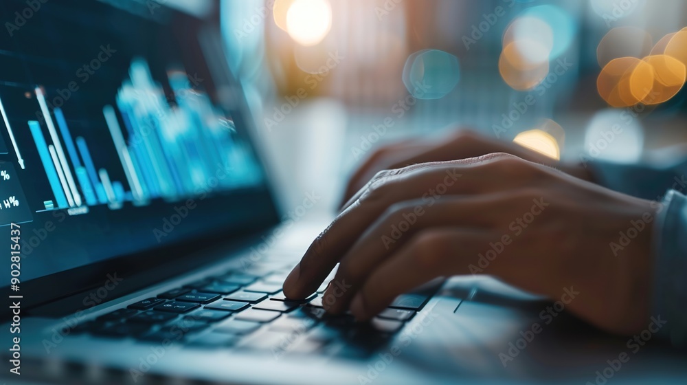 Online Trading and Financial Analysis: Hands Typing on Laptop with Stock Market Charts Online Trading and Financial Analysis: Hands Typing on Laptop with Stock Market Charts