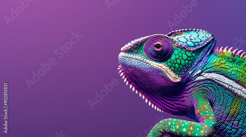 Colorful chameleon with vibrant scales against a purple background. Copy space. Generative AI 