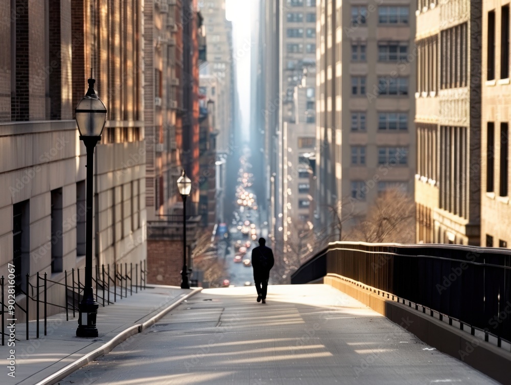 Person walking in a city street between tall buildings Person walking in a city street between tall buildings