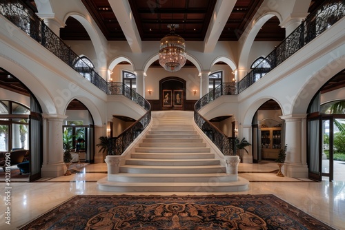 This image features a majestic double staircase adorned with artistic railings, under grand arches, and flanked by opulent decor, embodying elegance and grandeur. photo