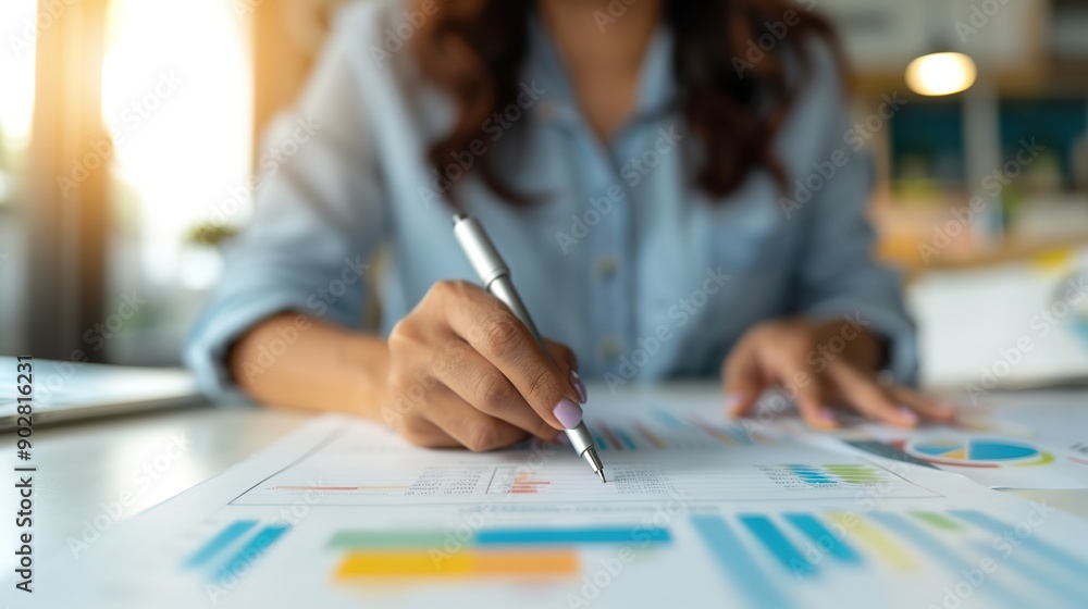 Analyzing Financial Data: Businesswoman Reviewing Reports with Stock Market Graphs for Corporate Finance and Investment Review Analyzing Financial Data: Businesswoman Reviewing Reports with Stock Market Graphs for Corporate Finance and Investment Review