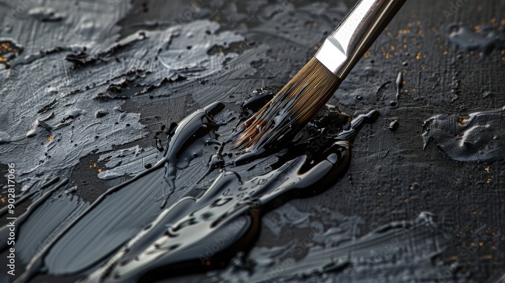 A detailed view of a Japanese calligraphy brush as it mixes dark ink on a textured surface, showcasing the art of calligraphy in a quiet moment A detailed view of a Japanese calligraphy brush as it mixes dark ink on a textured surface, showcasing the art of calligraphy in a quiet moment