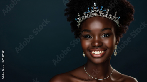 Beautiful smiling black skin african woman wearing tiara, earrings, necklace isolated on dark navy background with copy space.