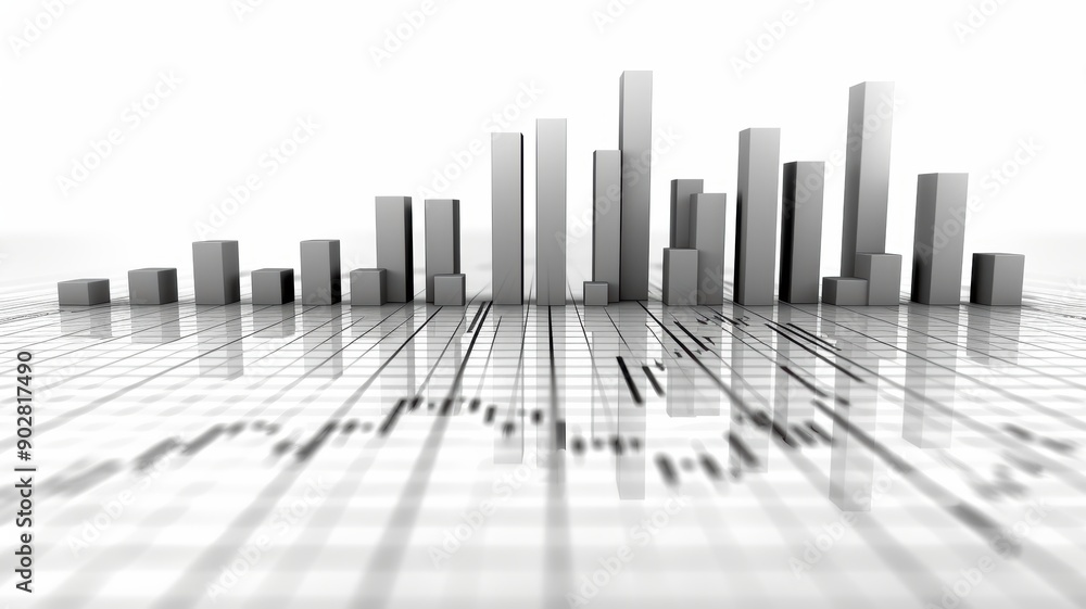 Modern Bar Graph and Line Chart on Reflective Surface Representing Financial Data and Business Analytics in Black and White Modern Bar Graph and Line Chart on Reflective Surface Representing Financial Data and Business Analytics in Black and White