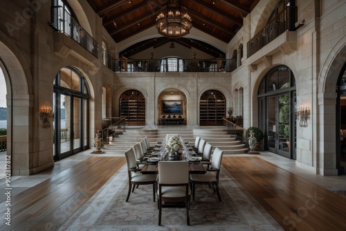 A sophisticated dining room featuring a central staircase, an elegantly set dining table, and large windows offering an open view, embodying luxury and refinement. photo