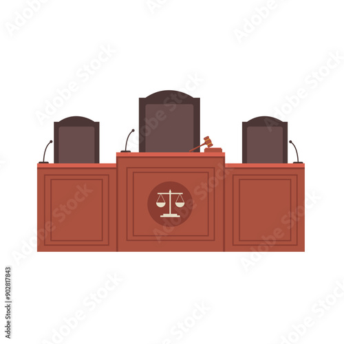 Empty courtroom podium isolated on white background. Courthouse judge interior podium justice concept. Vector stock