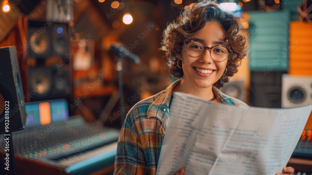 toddler Voice Actor, A cheerful Hispanic non-binary person holding a script in comfortable clothing on a recording studio background toddler Voice Actor, A cheerful Hispanic non-binary person holding a script in comfortable clothing on a recording studio background