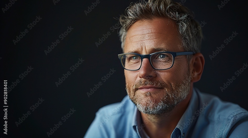 Focused Determination: A mature, confident man with a determined gaze, his glasses reflecting a thoughtful expression against a dark backdrop. He exudes strength and experience, ready to tackle any c Focused Determination: A mature, confident man with a determined gaze, his glasses reflecting a thoughtful expression against a dark backdrop. He exudes strength and experience, ready to tackle any c