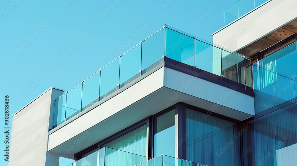 Fototapeta premium Glass railing on modern building balcony