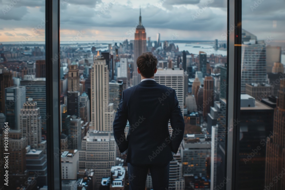 A man in a suit stands in front of a large glass window, gazing out at a vast cityscape with iconic skyscrapers and a dramatic, cloudy sky overhead. A man in a suit stands in front of a large glass window, gazing out at a vast cityscape with iconic skyscrapers and a dramatic, cloudy sky overhead.