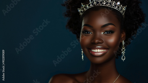 Beautiful smiling black skin woman princess wearing tiara, earrings, necklace isolated on dark navy background with copy space.