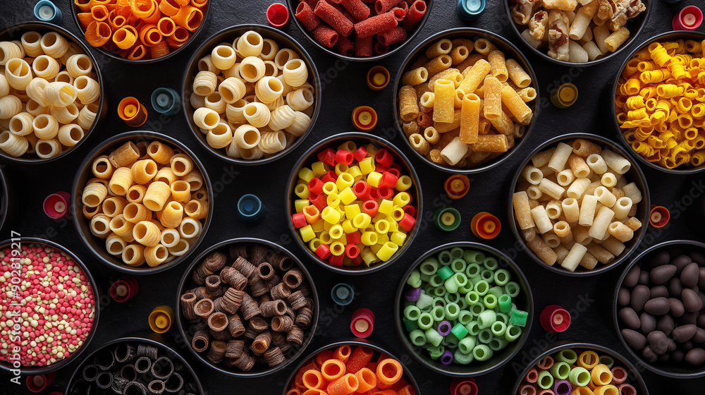 Assorted pasta varieties in black bowls on a dark background. Generative AI Assorted pasta varieties in black bowls on a dark background. Generative AI