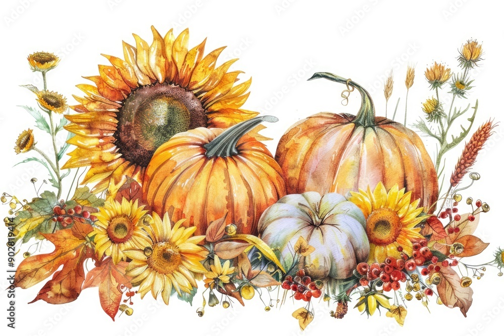 Vibrant Autumn Harvest: Pumpkins, Sunflowers, Watercolor Illustration Vibrant Autumn Harvest: Pumpkins, Sunflowers, Watercolor Illustration