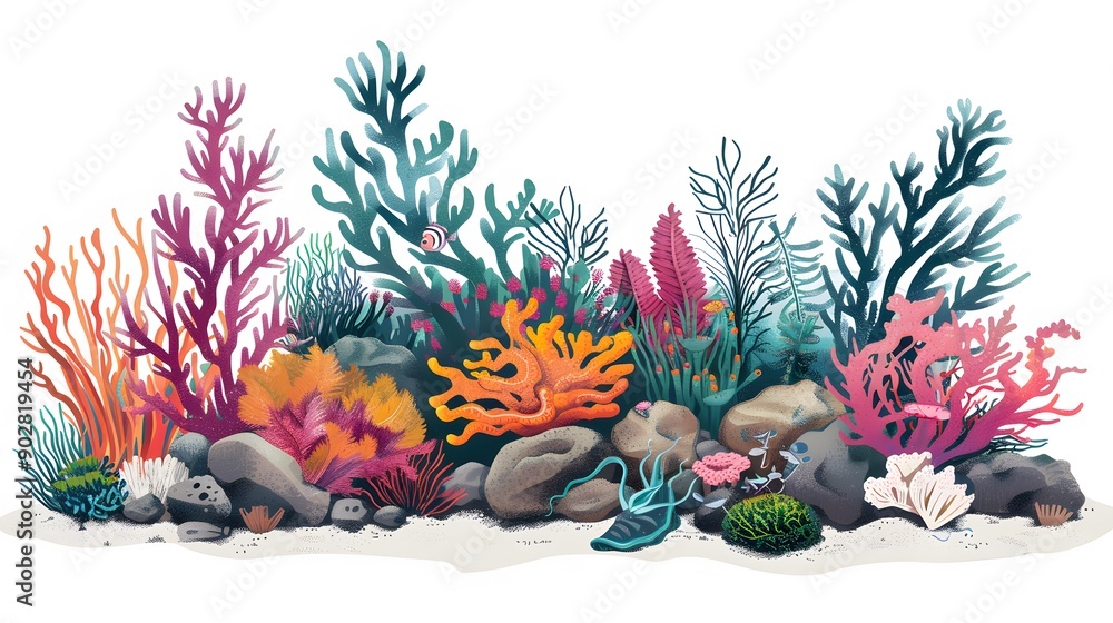 Fototapeta premium Coral reef design elements isolated on white background. Modern cartoon illustration of underwater seabed or aquarium bottom design elements, colorful aquatic plants collection, marine nature life