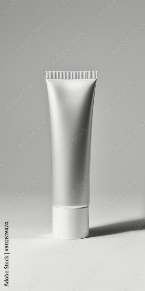 Minimalist white and silver tube for skincare or cosmetic products on a plain background. Minimalist white and silver tube for skincare or cosmetic products on a plain background.