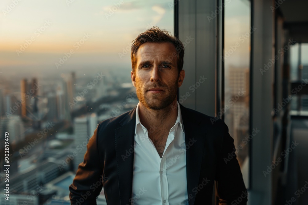 Fototapeta premium A man in a suit stands by a window in a high-rise building, looking out at the cityscape during sunset, exuding confidence and professionalism in a modern setting.