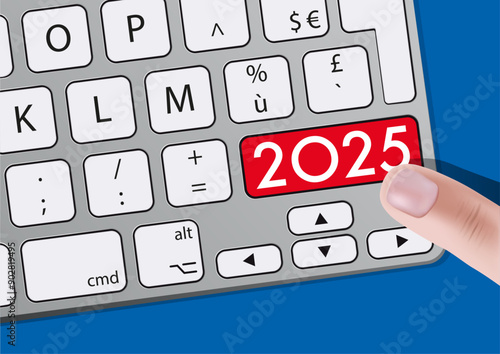 Un doigt appuie sur une touche d’un clavier d’ordinateur sur laquelle est écrit l’année 2025, pour présenter les objectifs d’une entreprise.