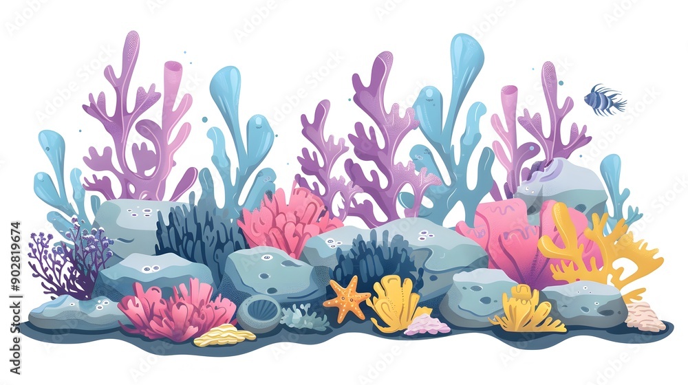 Naklejka premium Coral reef design elements isolated on white background. Modern cartoon illustration of underwater seabed or aquarium bottom design elements, colorful aquatic plants collection, marine nature life