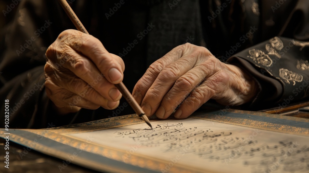 Obraz premium A skilled Persian calligrapher delicately crafts intricate designs with a pen, showcasing traditional artistry and great attention to detail during a focused session