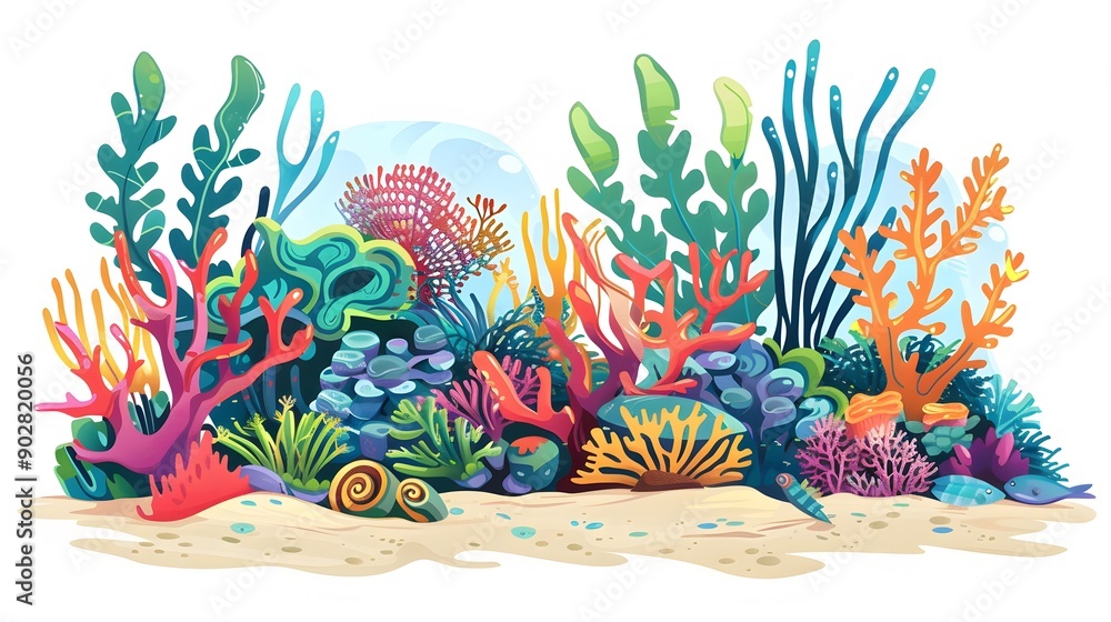 Naklejka premium Coral reef design elements isolated on white background. Modern cartoon illustration of underwater seabed or aquarium bottom design elements, colorful aquatic plants collection, marine nature life
