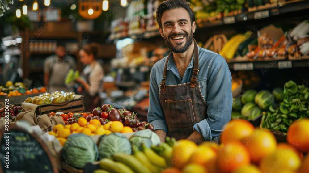 Friendly vendor smiling at a fruit and vegetable market stall, showcasing fresh produce, a lively atmosphere, and healthy living. Friendly vendor smiling at a fruit and vegetable market stall, showcasing fresh produce, a lively atmosphere, and healthy living.