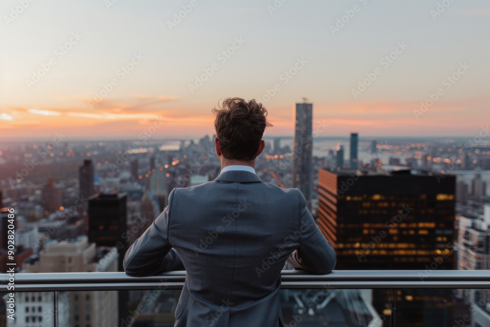 A sophisticated businessman stands facing the cityscape at sunset from a high vantage point, embodying ambition and reflection amidst the urban expanse and glowing horizon. A sophisticated businessman stands facing the cityscape at sunset from a high vantage point, embodying ambition and reflection amidst the urban expanse and glowing horizon.