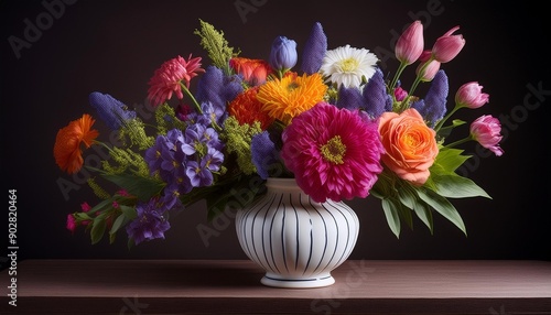 Wallpaper Mural A vibrant bouquet of flowers in a porcelain vase, set against a dark background, creating a classic still life. Torontodigital.ca