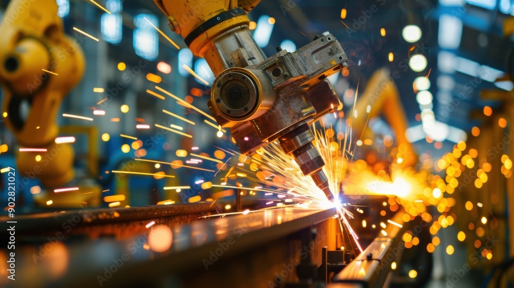 A robot is cutting metal with sparks flying. The scene is intense and dangerous, as the sparks can cause serious injury if not handled properly. The robot is a powerful tool for cutting metal A robot is cutting metal with sparks flying. The scene is intense and dangerous, as the sparks can cause serious injury if not handled properly. The robot is a powerful tool for cutting metal