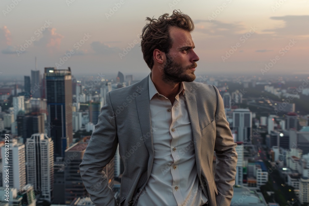 A stylish man in a light grey suit standing on a rooftop, overlooking an expansive city skyline during sunset, evoking a sense of ambition and modernity. A stylish man in a light grey suit standing on a rooftop, overlooking an expansive city skyline during sunset, evoking a sense of ambition and modernity.