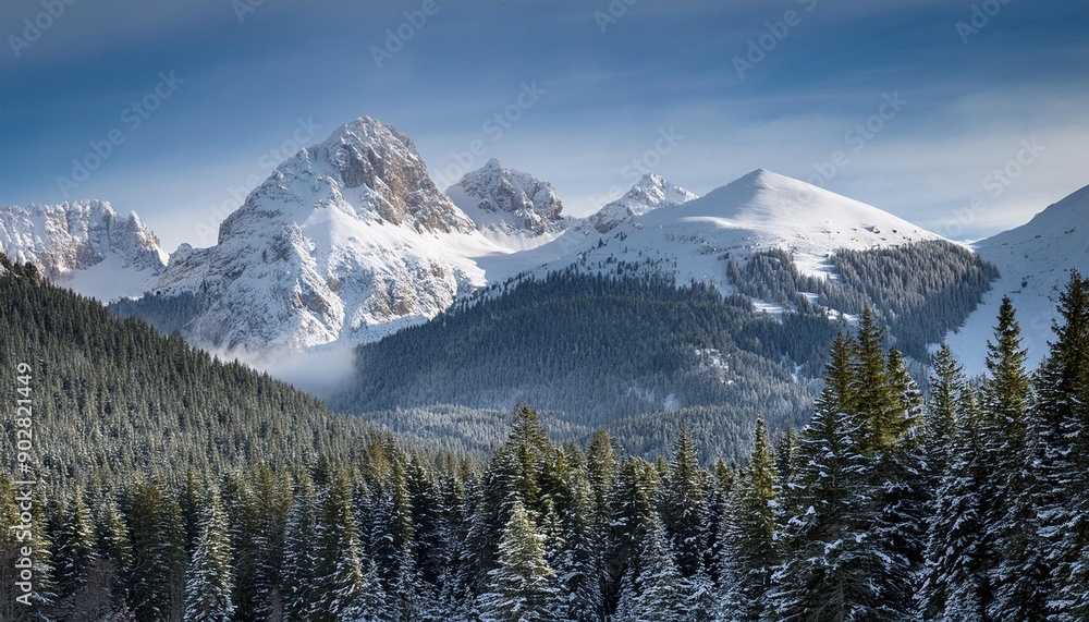 The majestic snow-capped mountains tower over the dark green pine trees, creating a beautiful winter landscape. The majestic snow-capped mountains tower over the dark green pine trees, creating a beautiful winter landscape.