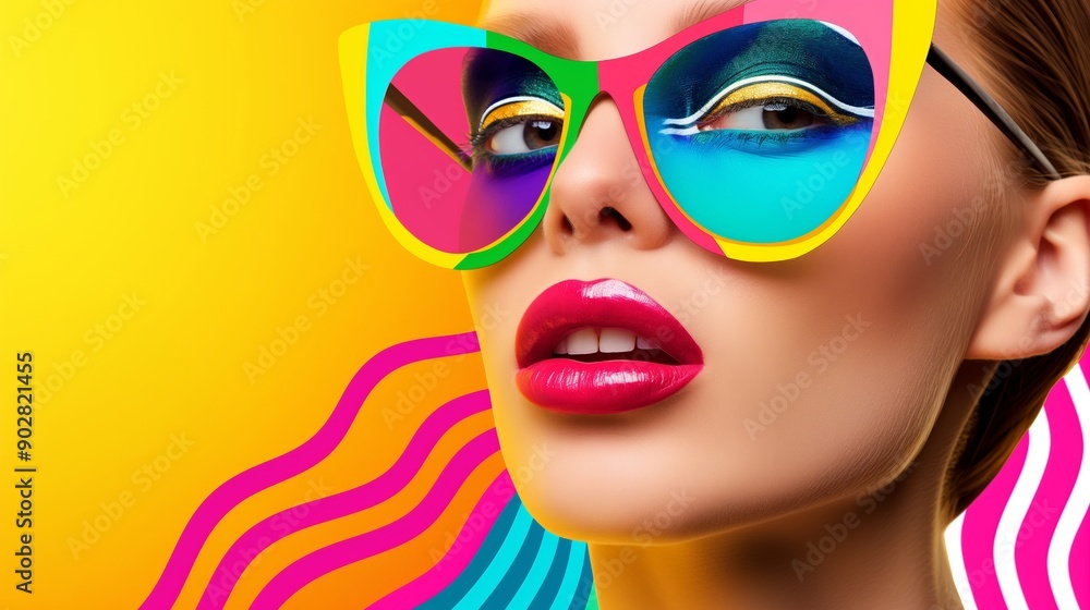 A woman with colorful makeup and a pair of sunglasses. The sunglasses are multi-colored and the woman's makeup is bright and bold. The image is meant to convey a sense of fun and playfulness A woman with colorful makeup and a pair of sunglasses. The sunglasses are multi-colored and the woman's makeup is bright and bold. The image is meant to convey a sense of fun and playfulness