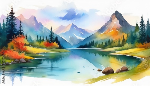 Wallpaper Mural The watercolor painting shows a mountain landscape with a lake in the middle Torontodigital.ca