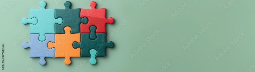Fototapeta premium Puzzle pieces forming a team logo, collaboration concept, flat design illustration