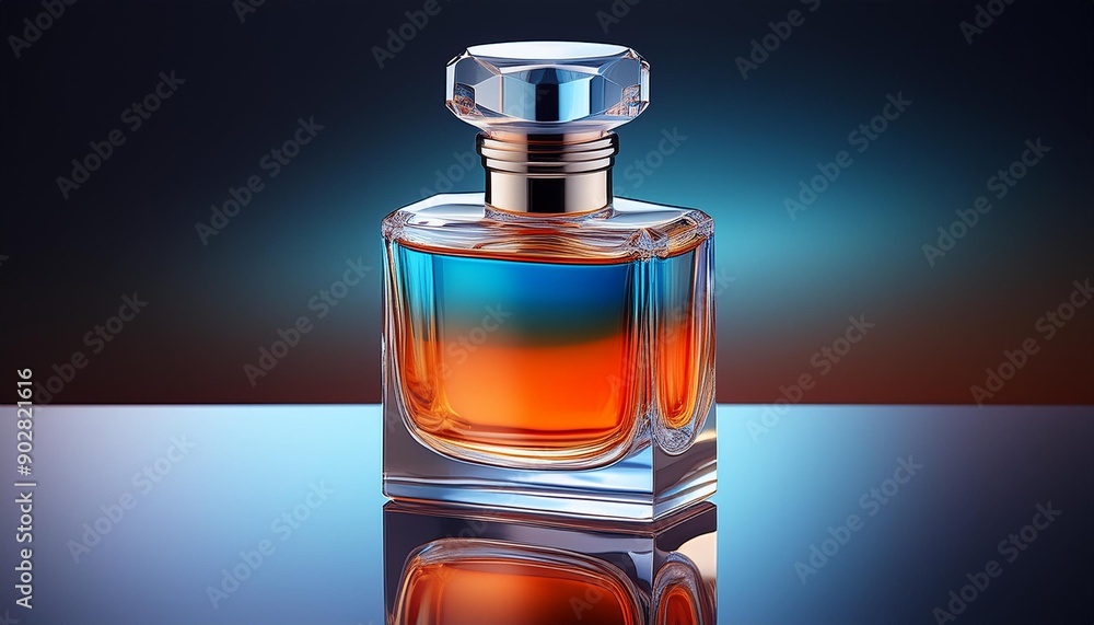 A beautiful translucent perfume bottle with a silver cap, sitting on a reflective surface. The bottle is half-full of a blue liquid, and half-full of an orange liquid. A beautiful translucent perfume bottle with a silver cap, sitting on a reflective surface. The bottle is half-full of a blue liquid, and half-full of an orange liquid.