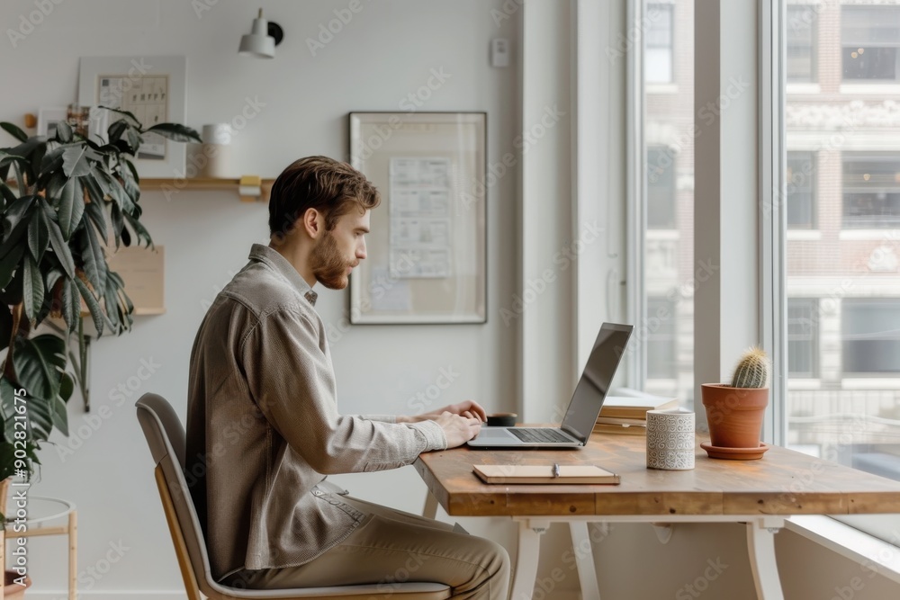 A man is working on a laptop in a bright, modern office space with large windows. The desk has a few plants and office supplies creating a serene work environment. A man is working on a laptop in a bright, modern office space with large windows. The desk has a few plants and office supplies creating a serene work environment.
