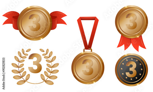Bronze cartoon medal with red  ribbon set. Third place award winner collection isolated on white