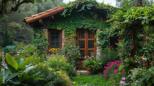 A cozy garden house with ivy-covered walls, nestled in a vibrant garden with a variety of plants and flowers.