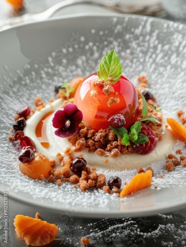 Delicious dessert featuring a vibrant fruit gelatin sphere on creamy base, garnished with berries and mint for an elegant presentation.