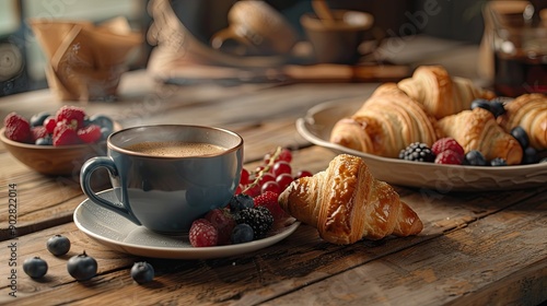 A cozy morning breakfast setup with a steaming cup of coffee, fresh croissants, and a bowl of mixed berries on a rustic wooden table.