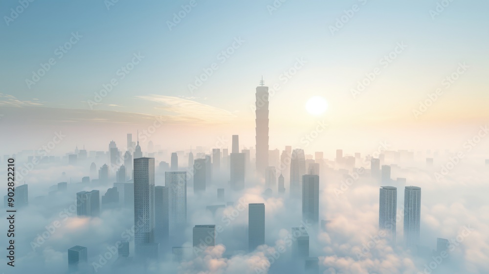 Obraz premium A futuristic cityscape emerges from the clouds at sunrise. The towering skyscrapers reach for the sky, creating a stunning display of urban architecture.