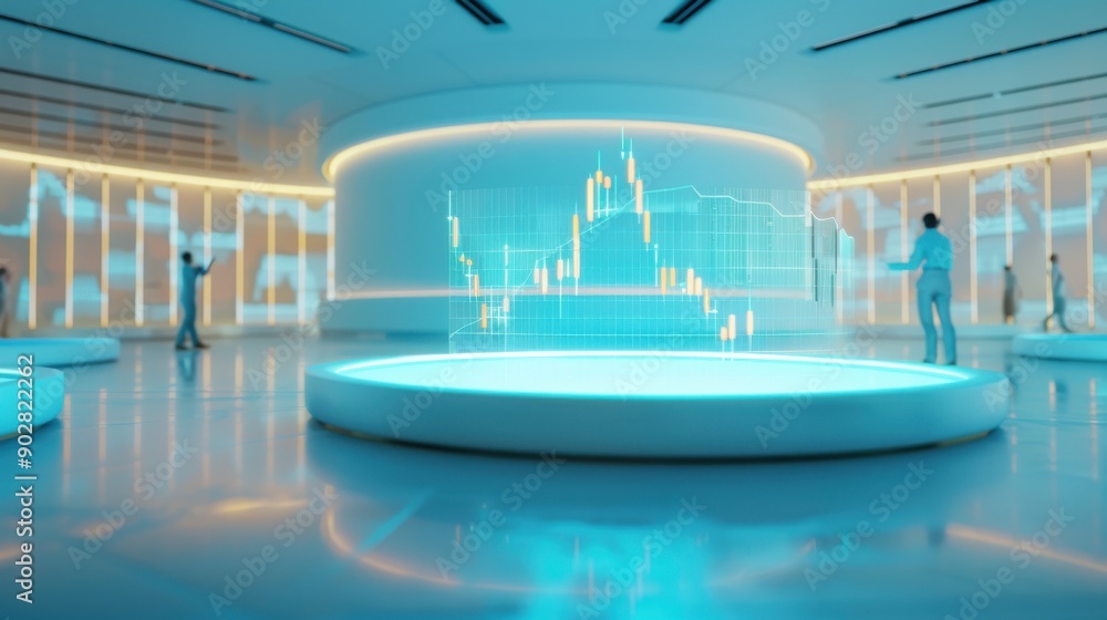 Fototapeta premium A futuristic office space with people interacting with holographic displays. The room is brightly lit and has a modern design.