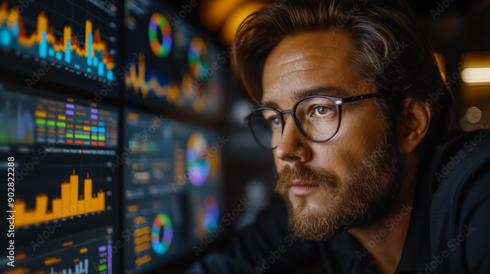 Focused Analyst Studying Data on Multiple Screens Focused Analyst Studying Data on Multiple Screens