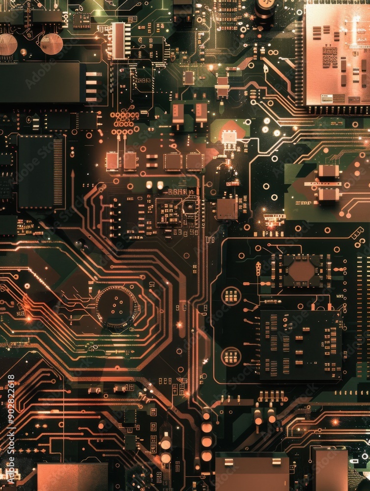 Fototapeta premium Detailed view of a circuit board showcasing intricate designs and electronic components for technology-themed projects.
